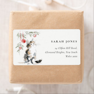 Cute Modern Watercolor Christmas Tree Cat Address Etiket