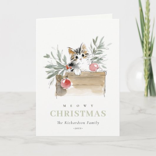Cute Modern Watercolor Meowy Christmas Box Cat Feestdagen Kaart (Voorkant)