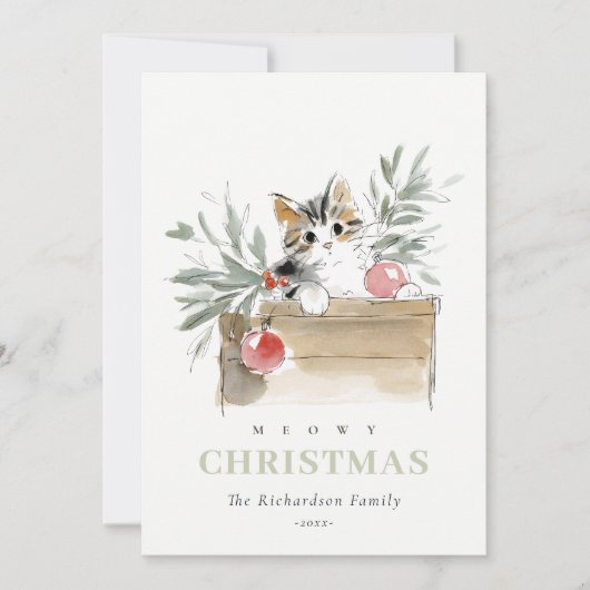 Cute Modern Watercolor Meowy Christmas Box Cat Feestdagenkaart (Voorkant)