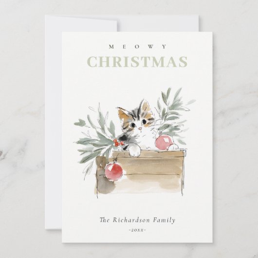 Cute Modern Watercolor Meowy Christmas Box Cat Feestdagenkaart (Voorkant)