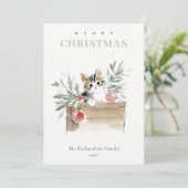 Cute Modern Watercolor Meowy Christmas Box Cat Feestdagenkaart (Staand voorkant)