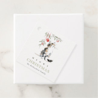 Cute Modern Watercolor Meowy Christmas Tree Cat Bedankjes Labels