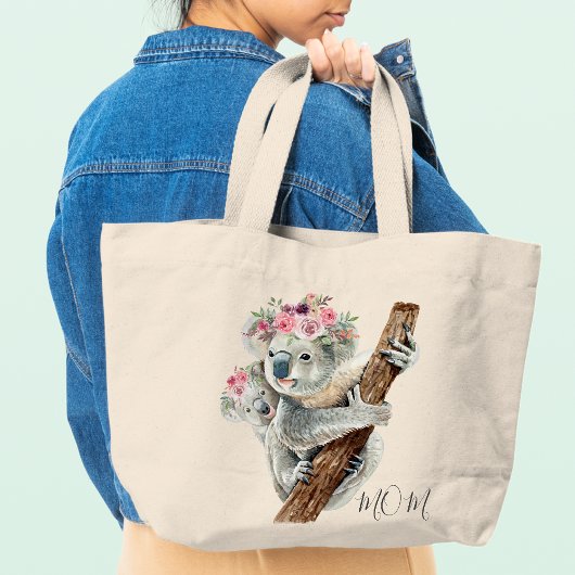 Cute Modern Waterverf Floral Koala op persoonlijke Grote Tote Bag