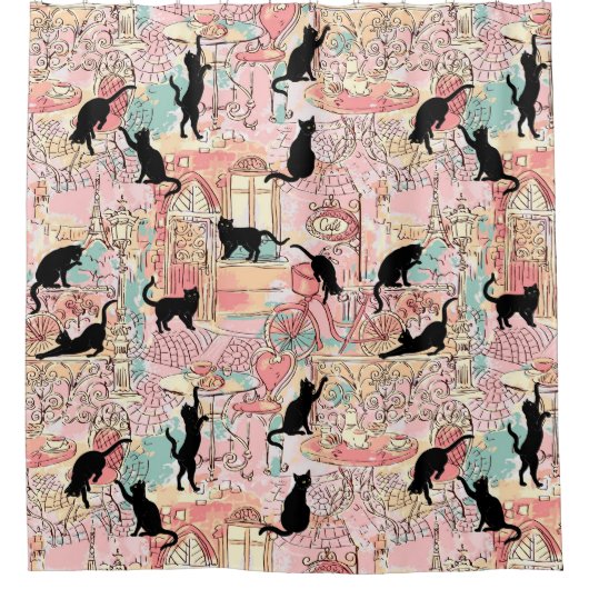 Cute Modern Waterverf Paris Cafe Cat Pattern Douchegordijn (Voorkant)