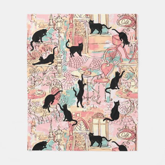 Cute Modern Waterverf Paris Cafe Cat Pattern Fleece Deken (Voorkant)