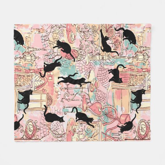 Cute Modern Waterverf Paris Cafe Cat Pattern Fleece Deken (Voorkant (Horizontaal))