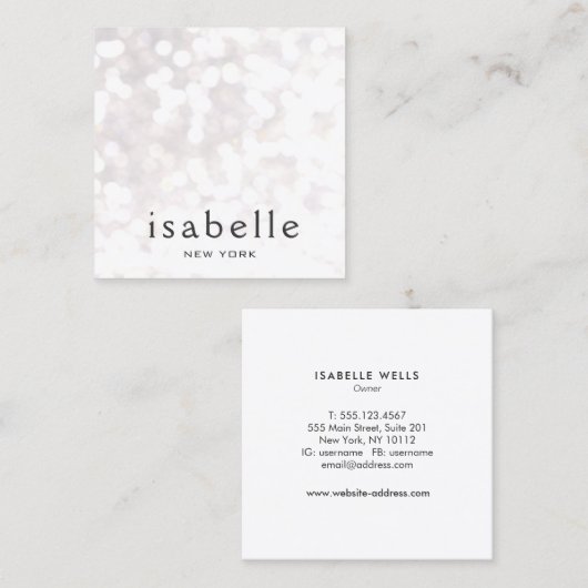 Cute Modern White Bokeh Glitter Square Vierkante Visitekaartje (Voorkant / Achterkant)