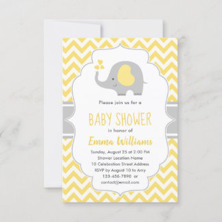 Cute Modern Yellow Grey Elephant Baby shower Kaart