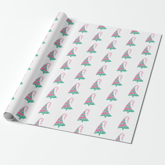 Cute Moderne Roze en Groene Kerstboom Cadeaupapier (Uitgerold)