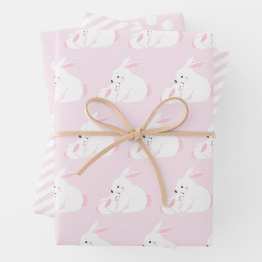 Cute moeder & Baby Girl Bunny | Roze Inpakpapier Vel (In situ)