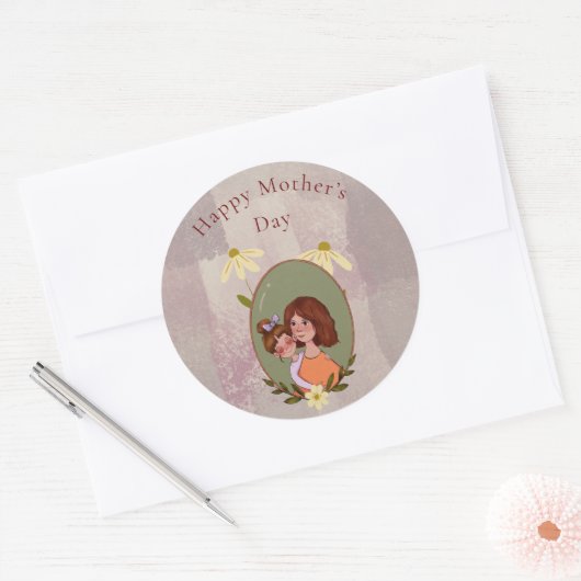 Cute Moeder & Child Illustration Moederdag Ronde Sticker (Envelop)