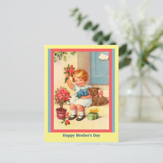 Cute Moederdag Little Girl, Flowers, Dog  Briefkaart (Staand voorkant)
