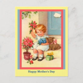 Cute Moederdag Little Girl, Flowers, Dog Briefkaart