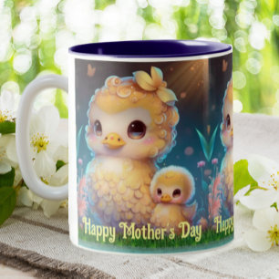 Cute Mom and Baby Duck in Garden Mother's Day Art Tweekleurige Koffiemok