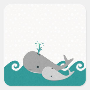 Cute Moma en Baby Whale op de golven Vierkante Sticker