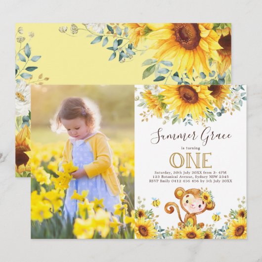 Cute Monkey 1st Birthday Sunflower Gold Greenery Kaart (Voorkant / Achterkant)