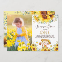 Cute Monkey 1st Birthday Sunflower Gold Greenery