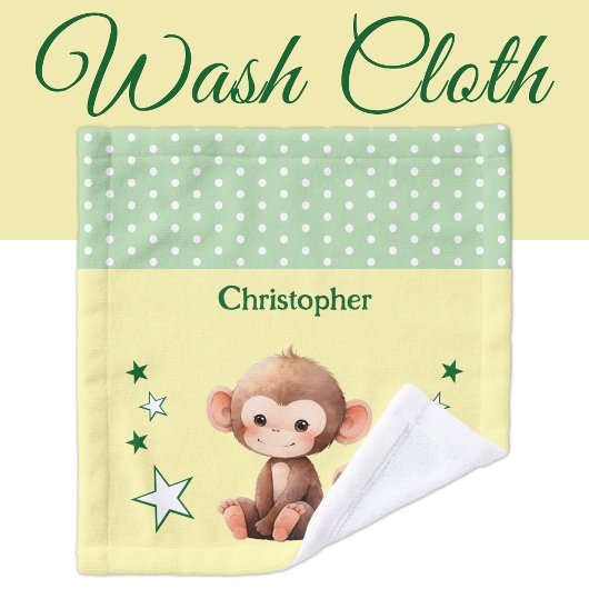 Cute monkey add name polka dots stars green washandje