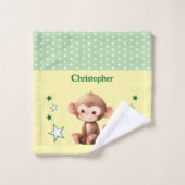 Cute monkey add name polka dots stars green washandje (Wasdoekje)