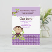 Cute Monkey Baby shower Invitation Girly Paars Kaart (Staand voorkant)
