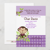 Cute Monkey Baby shower Invitation Girly Paars Kaart (Voorkant / Achterkant)