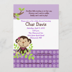 Cute Monkey Baby shower Invitation Girly Paars Kaart