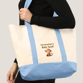 Cute monkey baby stuff name blue brown tote bag