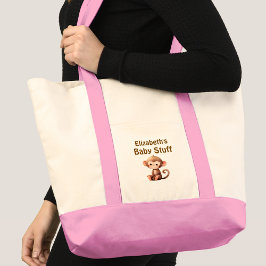 Cute monkey baby stuff name pink brown tote bag