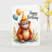 Cute Monkey Ballonnen Kaart (Gele Bloem)