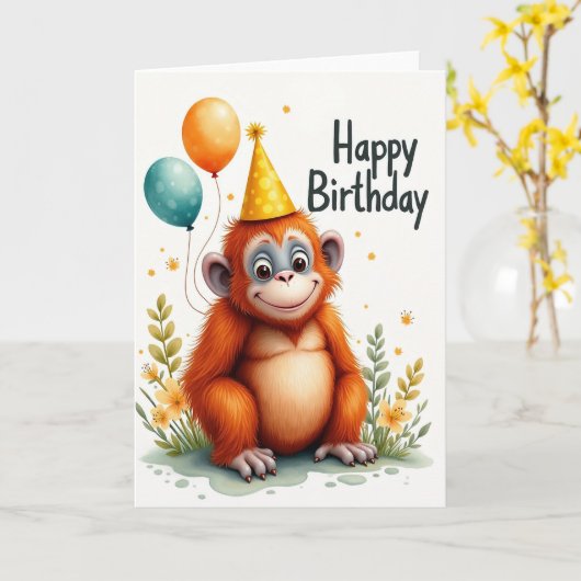 Cute Monkey Ballonnen Kaart (Gele Bloem)
