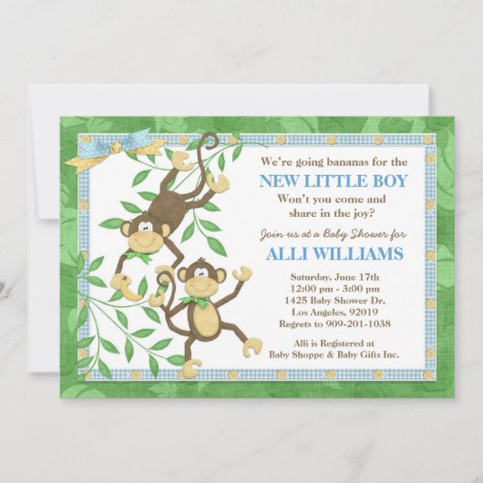 Cute Monkey Banana Baby shower Invitation Kaart (Voorkant)