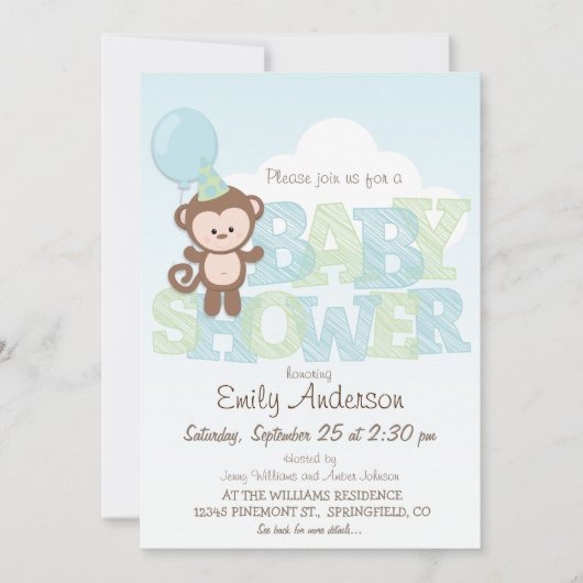 Cute Monkey, blauw en groen Baby shower Kaart (Voorkant)