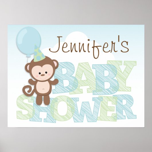 Cute Monkey, blauw en groen Baby shower Poster (Voorkant)