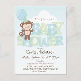 Cute Monkey, blauw en groen Baby shower Uitnodiging Briefkaart