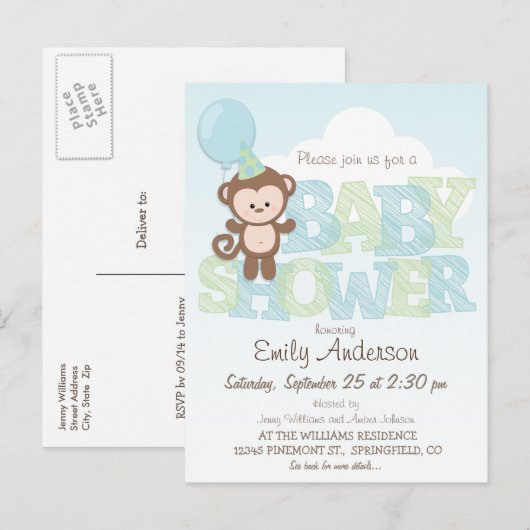 Cute Monkey, blauw en groen Baby shower Uitnodiging Briefkaart (Voorkant / Achterkant)