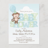 Cute Monkey, blauw en groen Baby shower Uitnodiging Briefkaart (Voorkant)