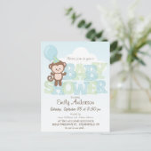 Cute Monkey, blauw en groen Baby shower Uitnodiging Briefkaart (Staand voorkant)