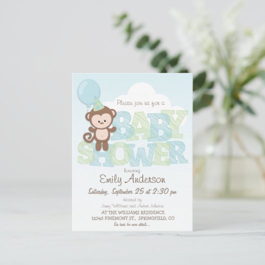 Cute Monkey, blauw en groen Baby shower Uitnodiging Briefkaart (Staand voorkant)