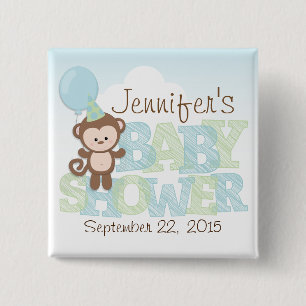 Cute Monkey, blauw en groen Baby shower Vierkante Button 5,1 Cm