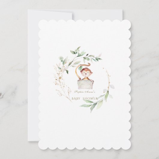 Cute Monkey Bloemige Groene Gouden Baby Shower Kaart (Achterkant)