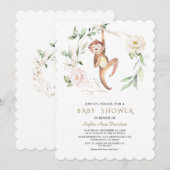 Cute Monkey Bloemige Groene Gouden Baby Shower Kaart (Voorkant / Achterkant)