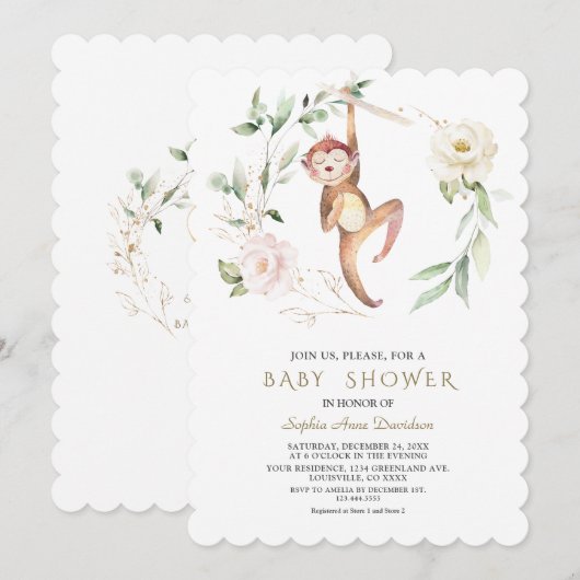 Cute Monkey Bloemige Groene Gouden Baby Shower Kaart (Voorkant / Achterkant)