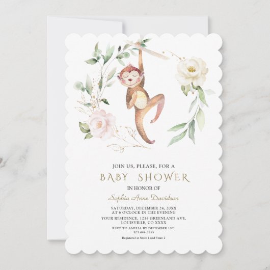 Cute Monkey Bloemige Groene Gouden Baby Shower Kaart (Voorkant)