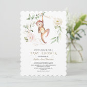 Cute Monkey Bloemige Groene Gouden Baby Shower Kaart (Staand voorkant)