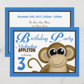 Cute Monkey Blue Birthday Party Kaart (Voorkant / Achterkant)