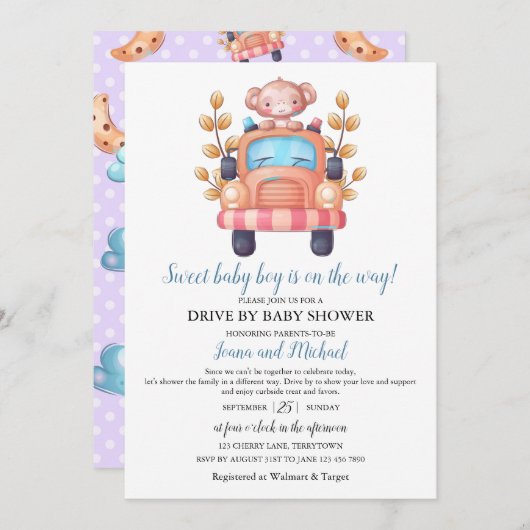 Cute Monkey Boy Baby Shower Drive Through   Kaart (Voorkant / Achterkant)