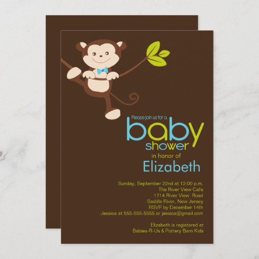 Cute Monkey Boy Baby shower Invitation Kaart (Voorkant / Achterkant)