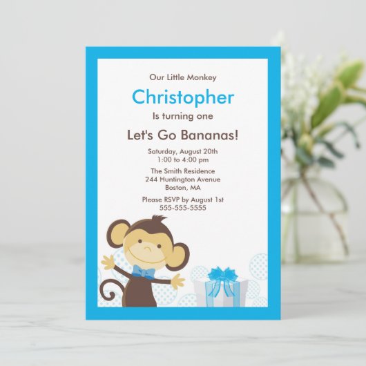 Cute Monkey Boy Birthday Invitation Kaart (Staand voorkant)