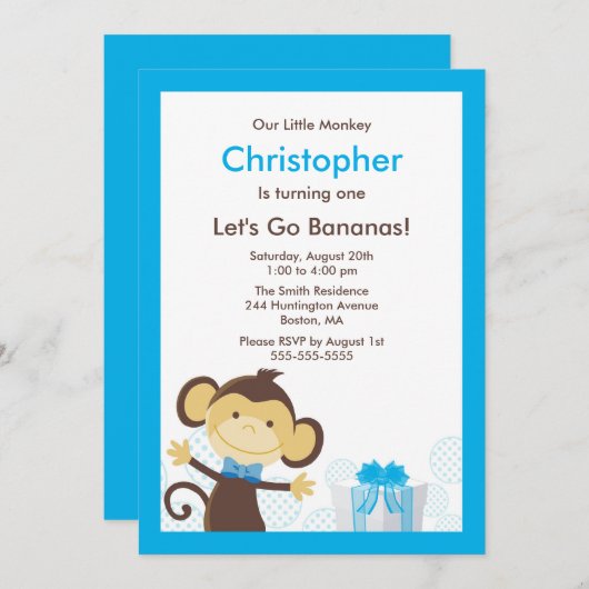 Cute Monkey Boy Birthday Invitation Kaart (Voorkant / Achterkant)