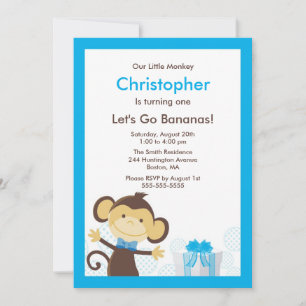 Cute Monkey Boy Birthday Invitation Kaart